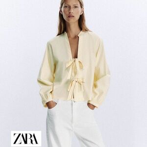 Zara Women's Yellow Blouse with Tie Accents